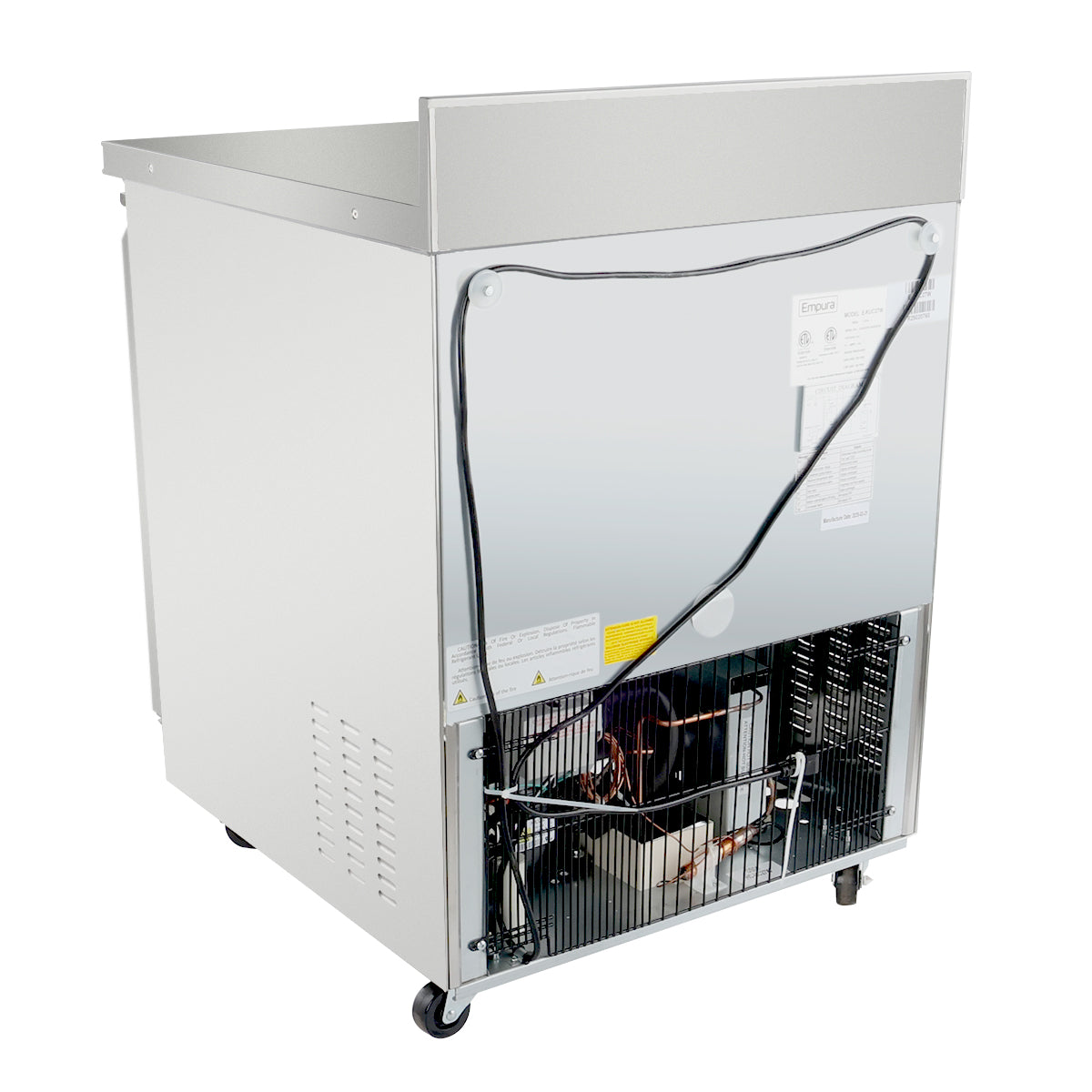 An Empura Refrigeration Undercounter Reach-In Refrigerator on wheels with a metallic exterior. The partially open back panel reveals wiring, compressor, and cooling coils, along with warning labels. The unit stands against a white background.