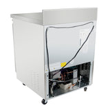 An Empura Refrigeration Undercounter Reach-In Refrigerator on wheels with a metallic exterior. The partially open back panel reveals wiring, compressor, and cooling coils, along with warning labels. The unit stands against a white background.