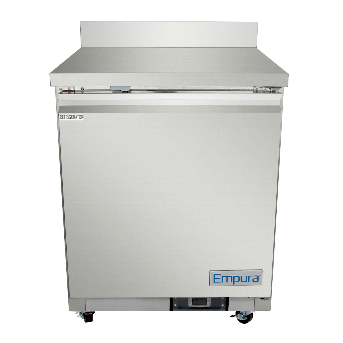 A stainless steel Empura Refrigeration Undercounter Reach-In Refrigerator with a single door, flat work top, and small caster wheels. The brand name is printed on the lower front panel, with a Refrigerator label near the top left corner.