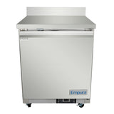A stainless steel Empura Refrigeration Undercounter Reach-In Refrigerator with a single door, flat work top, and small caster wheels. The brand name is printed on the lower front panel, with a Refrigerator label near the top left corner.