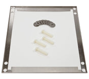 A square metal plate with rounded corners and four large circular holes, part of a Scotsman Undercounter Floor Mount Kit for ADA countertops, is laid out with ten metal washers and four white plastic spacers on a white background.