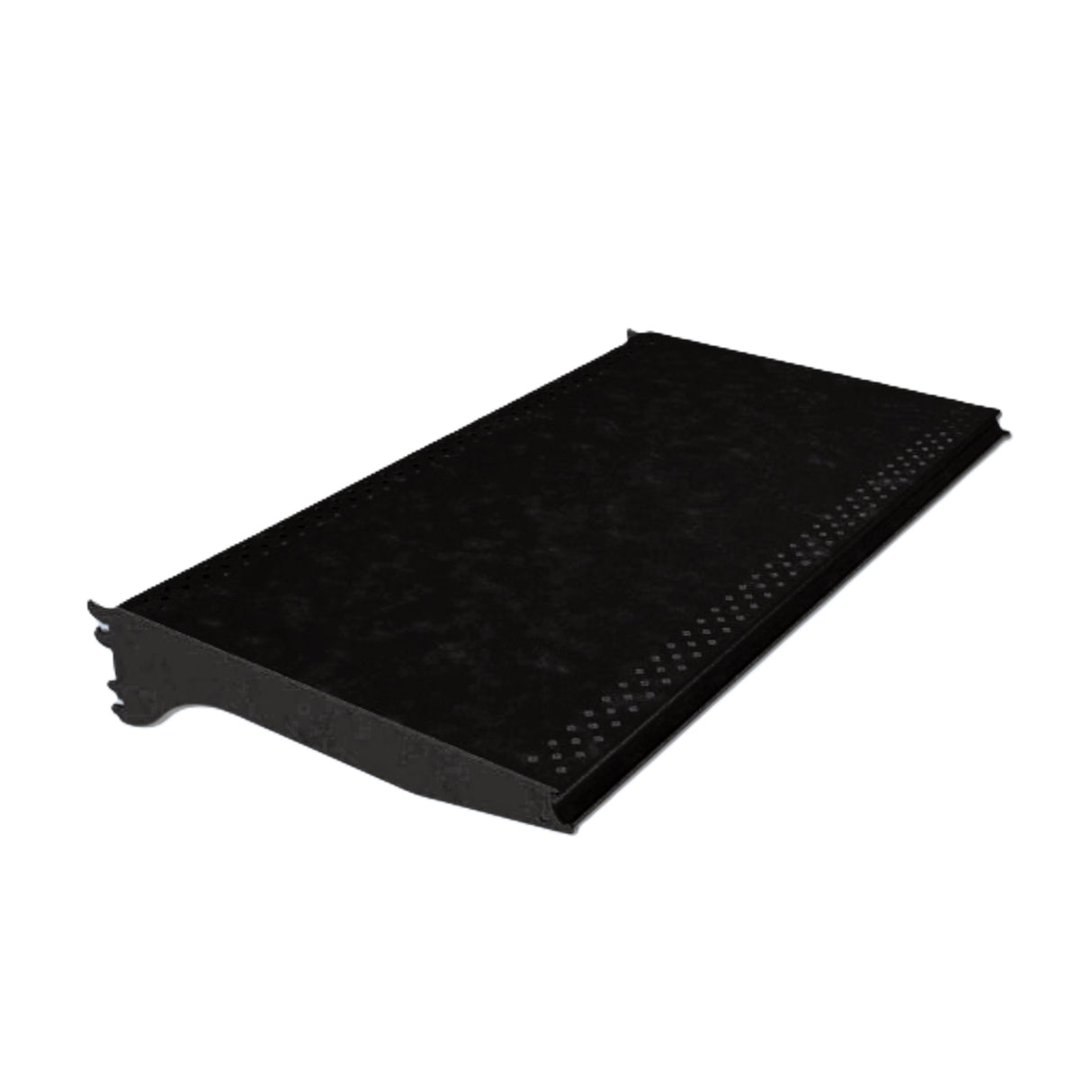 A single black metal stair tread, KTMD17, with a raised non-slip texture runs along the edge. Measuring 36"W x 17"D, the tread features slightly elevated sides and a curved lip at one end for secure, industrial-style installation.