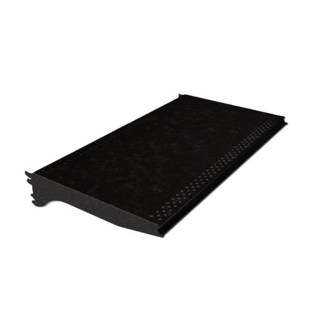 A single black metal stair tread, KTMD17, with a raised non-slip texture runs along the edge. Measuring 36"W x 17"D, the tread features slightly elevated sides and a curved lip at one end for secure, industrial-style installation.