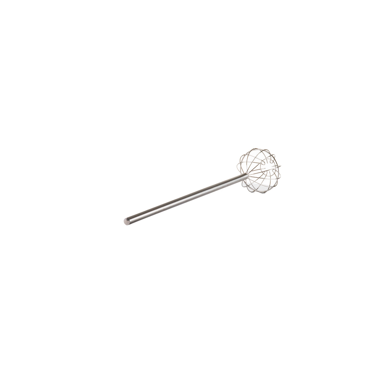 A stainless steel Kettle Whip kitchen whisk with a long, straight handle and a round, cage-like wire head is isolated on a white background. The whisk, measuring 48 inch in length, is positioned diagonally with the handle on the left.