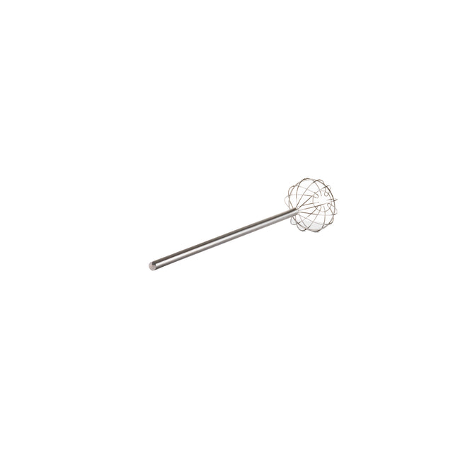 A stainless steel Kettle Whip kitchen whisk with a long, straight handle and a round, cage-like wire head is isolated on a white background. The whisk, measuring 48 inch in length, is positioned diagonally with the handle on the left.