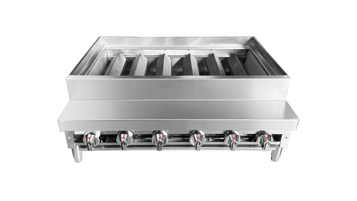 A commercial stainless steel gas grill with six control knobs and five gas burner sections, shown from the front at a slight angle on a white background. This clean, modern kabob broiler is ideal for restaurant or catering use.