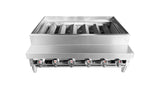 A commercial stainless steel gas grill with six control knobs and five gas burner sections, shown from the front at a slight angle on a white background. This clean, modern kabob broiler is ideal for restaurant or catering use.