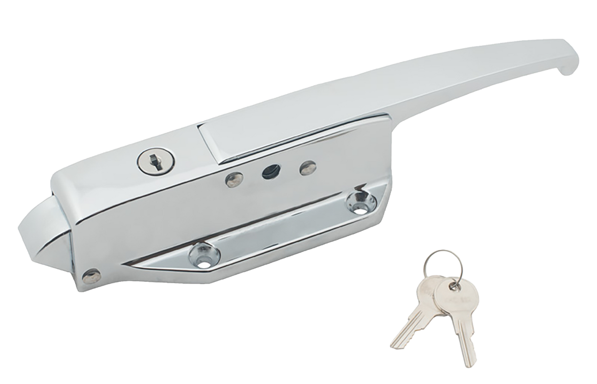 A shiny, silver latch with lock featuring a rectangular base, a keyhole, and a long lever handle. Two silver keys with round heads are placed next to the Kason 10058CL5020 lock on a plain white background.