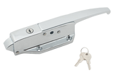 A shiny, silver latch with lock featuring a rectangular base, a keyhole, and a long lever handle. Two silver keys with round heads are placed next to the Kason 10058CL5020 lock on a plain white background.
