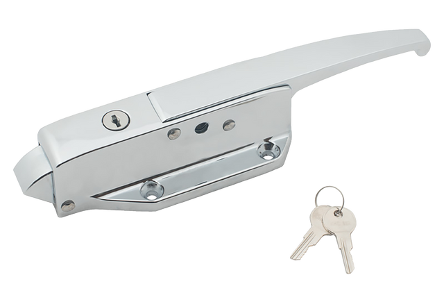 A shiny, silver latch with lock featuring a rectangular base, a keyhole, and a long lever handle. Two silver keys with round heads are placed next to the Kason 10058CL5020 lock on a plain white background.
