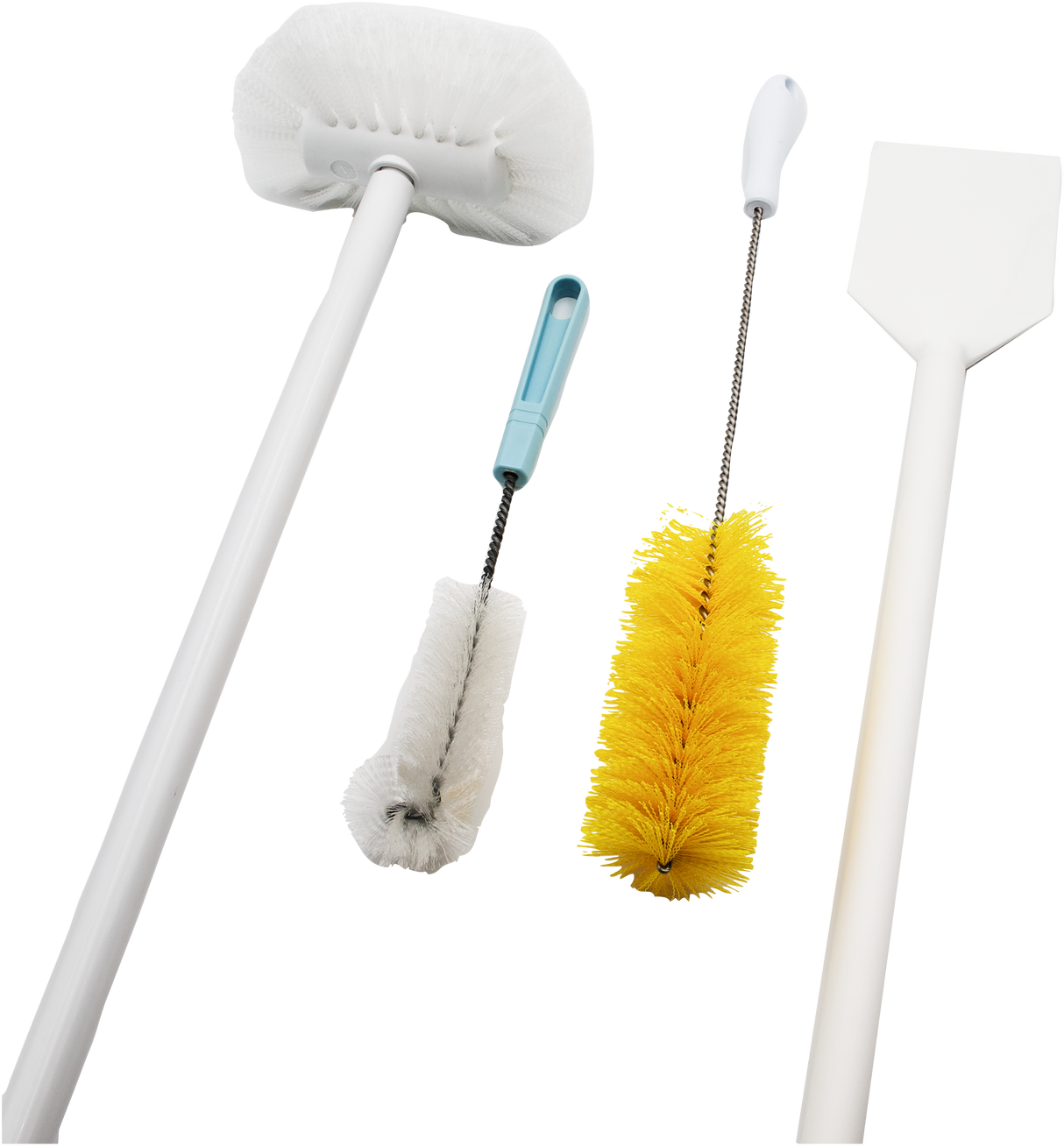 Four cleaning brushes from a clean-up kit are shown on a white background: a white toilet brush with handle, a small white bottle brush with blue handle, a yellow bottle brush, and a white paddle scraper-shaped cleaning tool.