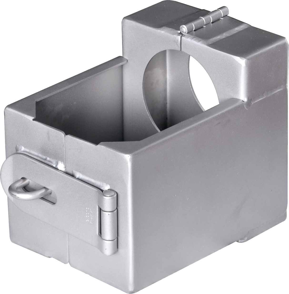 A silver, rectangular metal clamp with a hinged lid, a circular cut-out in the center, and a latch mechanism on one side. Ideal for industrial use, it securely holds cylindrical objects like a 2" valve or Vulcan K Series Plug draw-off valve in place.