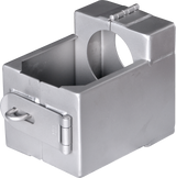 A silver, rectangular metal clamp with a hinged lid, a circular cut-out in the center, and a latch mechanism on one side. Ideal for industrial use, it securely holds cylindrical objects like a 2" valve or Vulcan K Series Plug draw-off valve in place.