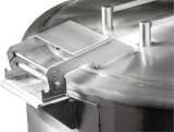 Close-up of a shiny stainless steel SACOVER K60ELT container with a secure locking mechanism. The lid features sturdy metal handles, spring assist cover, and tightly sealed clasps, reflecting light and emphasizing its industrial durability.