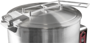 A close-up of a large stainless steel industrial pressure cooker with a secured spring assist cover and locking mechanism. The shiny metallic finish highlights part of its control panel, with buttons, a gauge, and the SACOVER K60ELT model label visible on the right side.