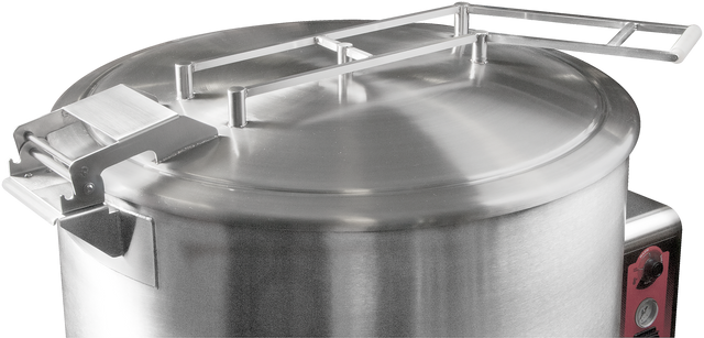 A close-up of a large stainless steel industrial cooking pot with a spring assist cover and securely latched lid. The pot, labeled SACOVER K20GLT, features a control panel with buttons and dials, set against a plain, light background.
