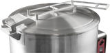 A close-up view of a large SACOVER K60DLT stainless steel industrial pressure cooker with a secure, spring assist cover. Metal bars and handles are attached to the lid, and part of a control panel with buttons is visible on the right side.