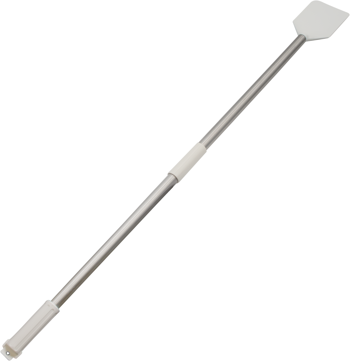 A long metal Paddle Scraper features a white handle and a flat, angular nylon blade at one end. Set against a plain white background, this tool is ideal for cleaning or scraping hard-to-reach narrow spaces.