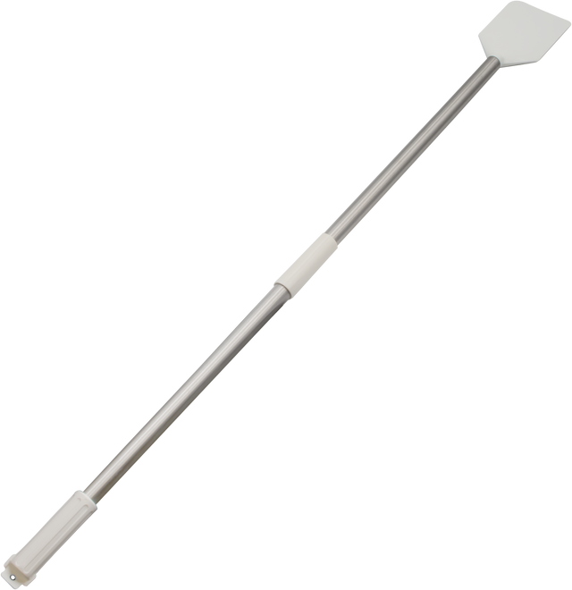 A long metal Paddle Scraper features a white handle and a flat, angular nylon blade at one end. Set against a plain white background, this tool is ideal for cleaning or scraping hard-to-reach narrow spaces.