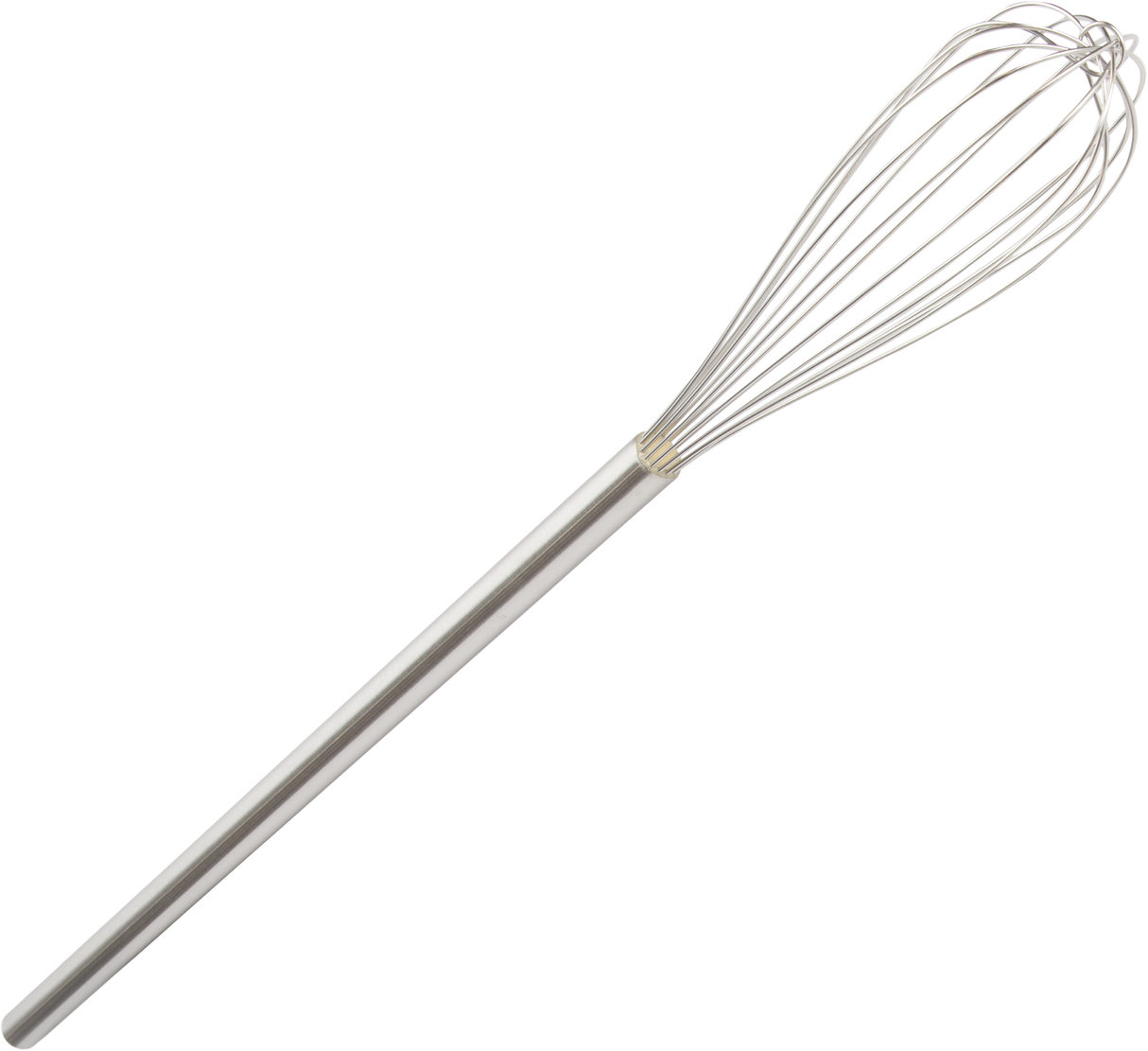 A 48 inch Vulcan stainless steel whip with a long, cylindrical handle and thin, looped wires forming an oval-shaped head, designed for mixing and whipping ingredients. The whisk is shown on a plain white background.