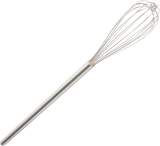 A 48 inch Vulcan stainless steel whip with a long, cylindrical handle and thin, looped wires forming an oval-shaped head, designed for mixing and whipping ingredients. The whisk is shown on a plain white background.