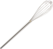 A 48 inch Vulcan stainless steel whip with a long, cylindrical handle and thin, looped wires forming an oval-shaped head, designed for mixing and whipping ingredients. The whisk is shown on a plain white background.