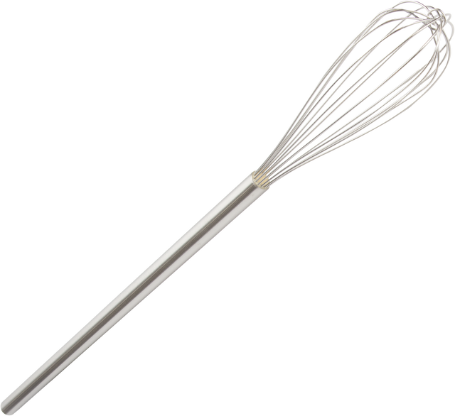 A 48 inch Vulcan stainless steel whip with a long, cylindrical handle and thin, looped wires forming an oval-shaped head, designed for mixing and whipping ingredients. The whisk is shown on a plain white background.