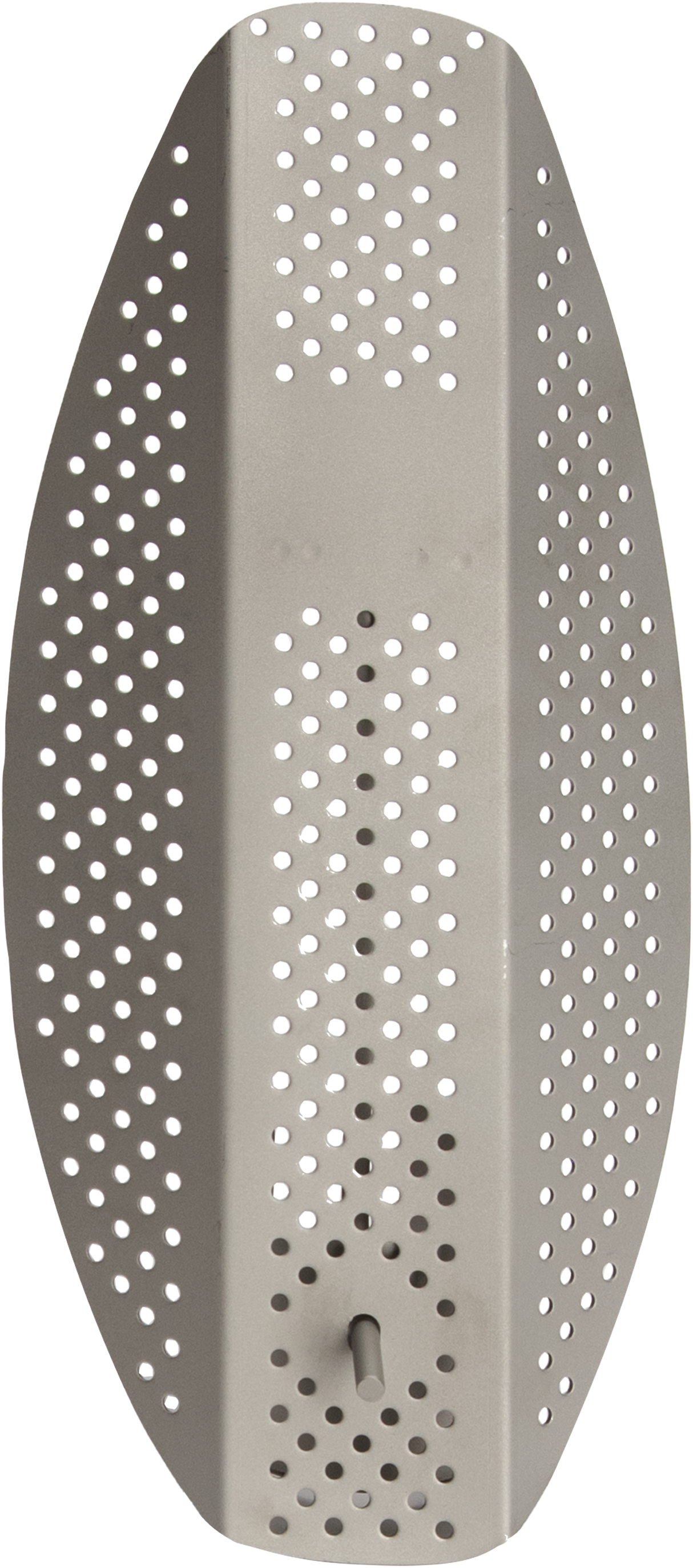 A gray, elongated, oval-shaped metal panel with uniformly spaced circular holes throughout serves as a perforated strainer. The panel is slightly curved and has a small, cylindrical protrusion near the bottom center. The background is white.