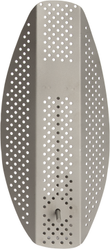A gray, elongated, oval-shaped metal panel with uniformly spaced circular holes throughout serves as a perforated strainer. The panel is slightly curved and has a small, cylindrical protrusion near the bottom center. The background is white.