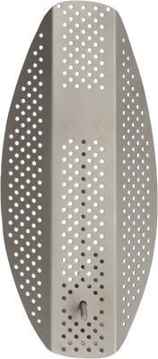 A gray, elongated, oval-shaped metal panel with uniformly spaced circular holes throughout serves as a perforated strainer. The panel is slightly curved and has a small, cylindrical protrusion near the bottom center. The background is white.