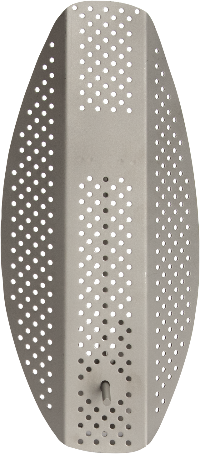 A gray, elongated, oval-shaped metal panel with uniformly spaced circular holes throughout serves as a perforated strainer. The panel is slightly curved and has a small, cylindrical protrusion near the bottom center. The background is white.
