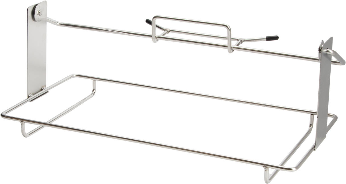 A Vulcan-inspired metal wall-mounted shelf rack with a rectangular frame, open sides, and an upper bar featuring a handle. The silver, minimalist design includes a stainless steel pan support—ideal for kitchen or bathroom supplies.