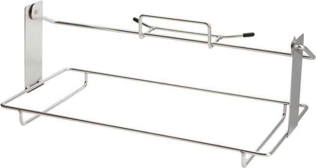 A Vulcan-inspired metal wall-mounted shelf rack with a rectangular frame, open sides, and an upper bar featuring a handle. The silver, minimalist design includes a stainless steel pan support—ideal for kitchen or bathroom supplies.