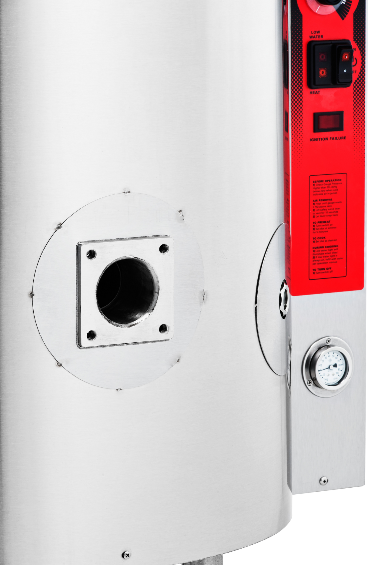 Close-up of a stainless steel water heater, featuring a square opening with a circular hole, a red control panel with switches and instructions, a round analog temperature gauge near the bottom right, and a K Series Compression draw-off valve with perforated strainer.