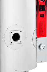 Close-up of a stainless steel water heater, featuring a square opening with a circular hole, a red control panel with switches and instructions, a round analog temperature gauge near the bottom right, and a K Series Compression draw-off valve with perforated strainer.