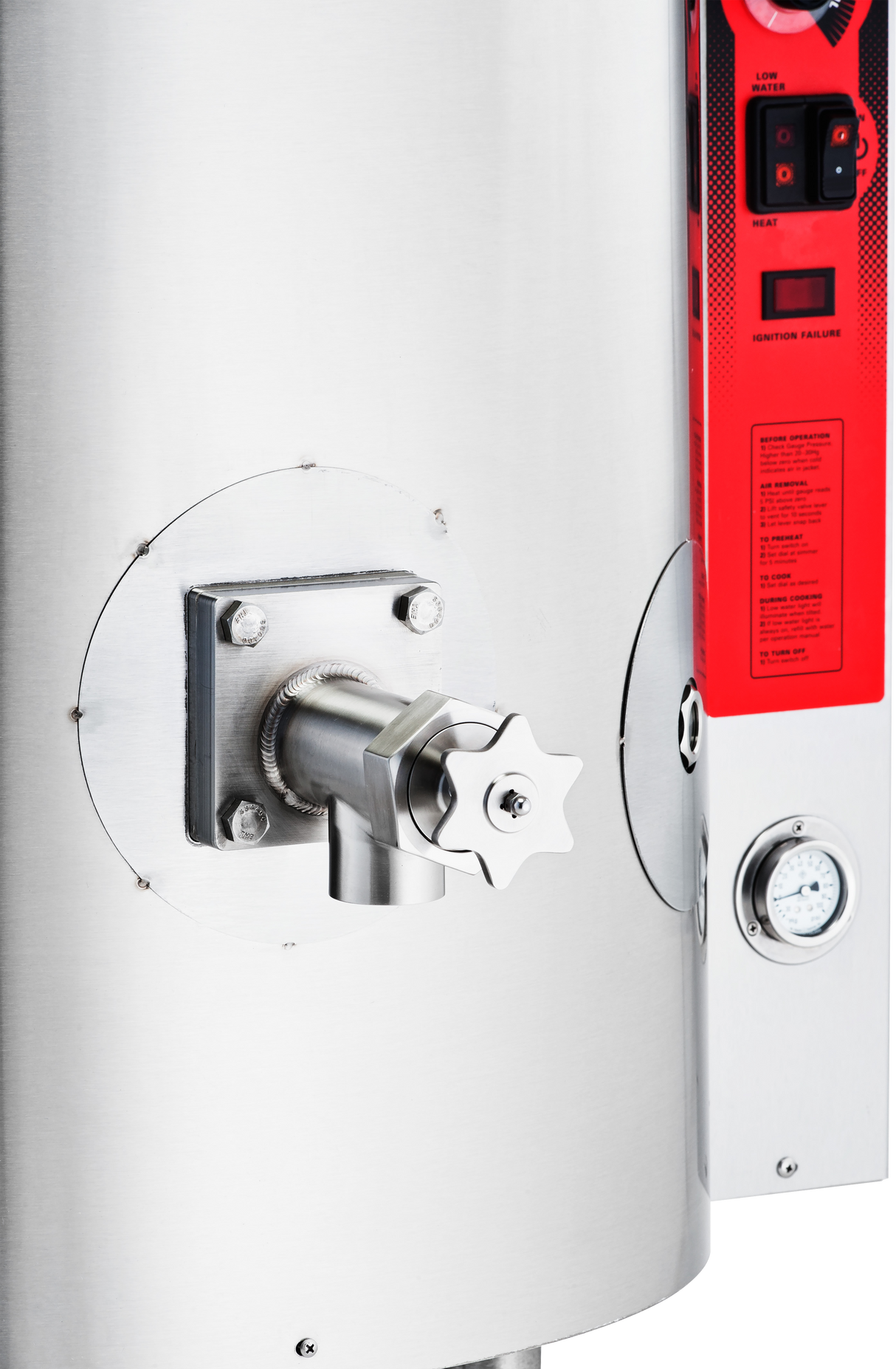 Close-up of a metallic water heater showing a 2 inch valve with a star-shaped handle, a round gauge, and a red control panel featuring switches, indicator lights, and instructions. The shiny surface reflects the perforated strainer detail.