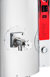 Close-up of a metallic water heater showing a 2 inch valve with a star-shaped handle, a round gauge, and a red control panel featuring switches, indicator lights, and instructions. The shiny surface reflects the perforated strainer detail.