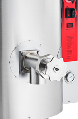 Close-up of a stainless steel industrial tank or boiler, featuring a large, star-shaped 3 inch valve handle and spout. A pressure gauge and red control panel with buttons and instructions appear on the right side of the image.