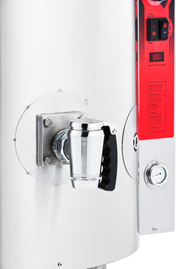 Close-up of an industrial stainless steel water boiler with a black-handled spigot and 2 inch K Series Plug Draw-off valve. A red control panel with buttons, indicator lights, and a round analog temperature gauge complete the design. Background is white.