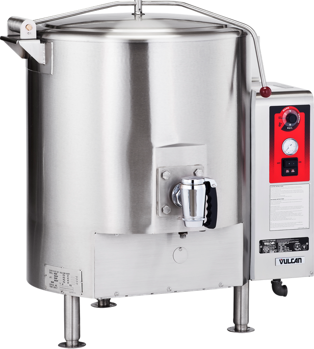 A large, industrial stainless steel stationary kettle with a 40 gallon capacity, featuring a red and silver control panel, pressure gauge, and handle. The Vulcan appliance stands on four legs and is designed for commercial cooking.