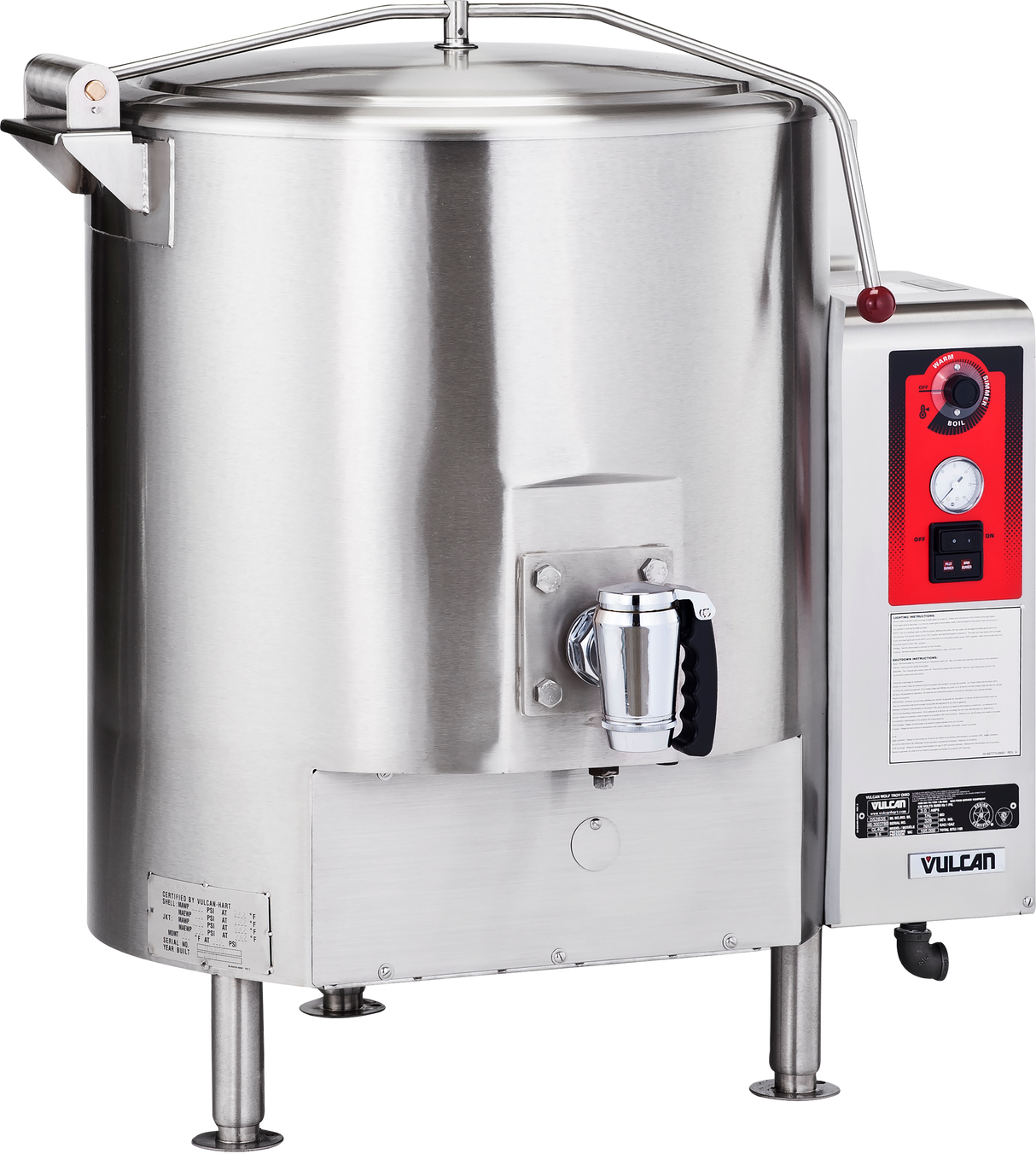 A large, stainless steel stationary kettle with a 40 gallon capacity features a red and black Vulcan control panel, pressure gauge, and lever handle. The heavy lid has a top handle, and the kettle stands on short metal legs.