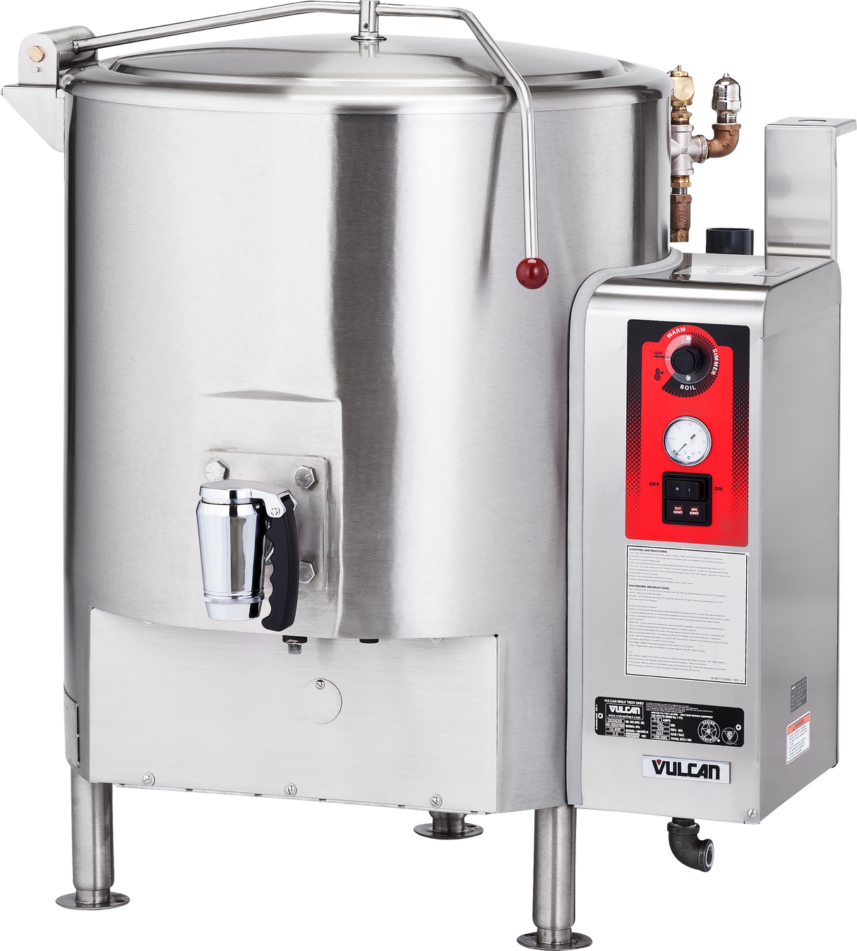 A large 40 gallon gas stainless steel kettle with lid, spout, and handle features a control panel with a red background, dials, and switches. The Vulcan logo appears on the lower right. This stationary kettle stands sturdy on four legs.