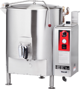 A large industrial stationary kettle with a 40 gallon capacity, featuring a stainless steel design, control panel with dial gauge and red accents, spout, and front handle. The unit stands on four legs with a handled lid on top.
