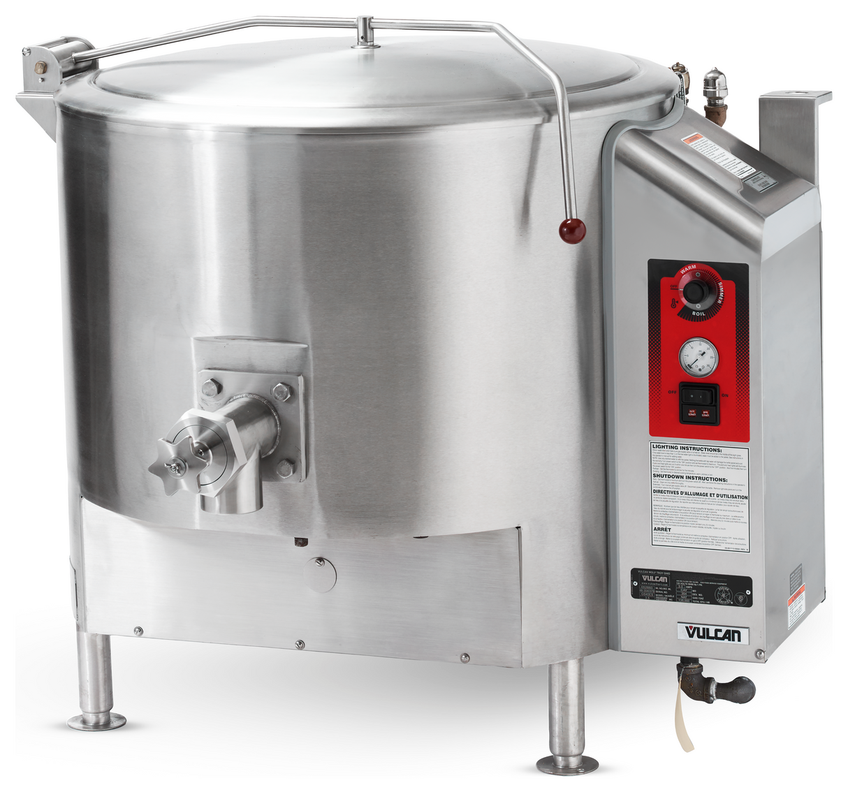 A large, industrial 40-gallon capacity stainless steel stationary kettle with a spigot at the front stands on metal legs. It features a control panel with a red accent, gauge, buttons, safety instructions on the right side, and a hinged lid on top.