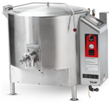 A large 40-gallon industrial stainless steel tilt skillet with a closed lid, control panel featuring a thermometer and buttons, and a spout for dispensing; stands on four legs for commercial kitchen use. Brand name Vulcan is visible near the base.