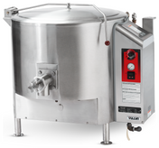 A large 40-gallon industrial stainless steel tilt skillet with a closed lid, control panel featuring a thermometer and buttons, and a spout for dispensing; stands on four legs for commercial kitchen use. Brand name Vulcan is visible near the base.
