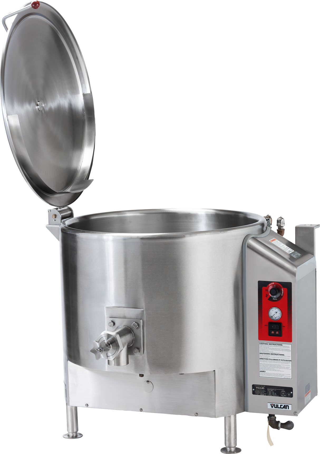 A large, industrial 40-gallon stationary kettle made of stainless steel with a hinged open lid, spout, and red control panel featuring dials, gauges, and instructions; the unit stands on four legs and is labeled “Vulcan.”.