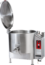 A large, industrial 40-gallon stationary kettle made of stainless steel with a hinged open lid, spout, and red control panel featuring dials, gauges, and instructions; the unit stands on four legs and is labeled “Vulcan.”.