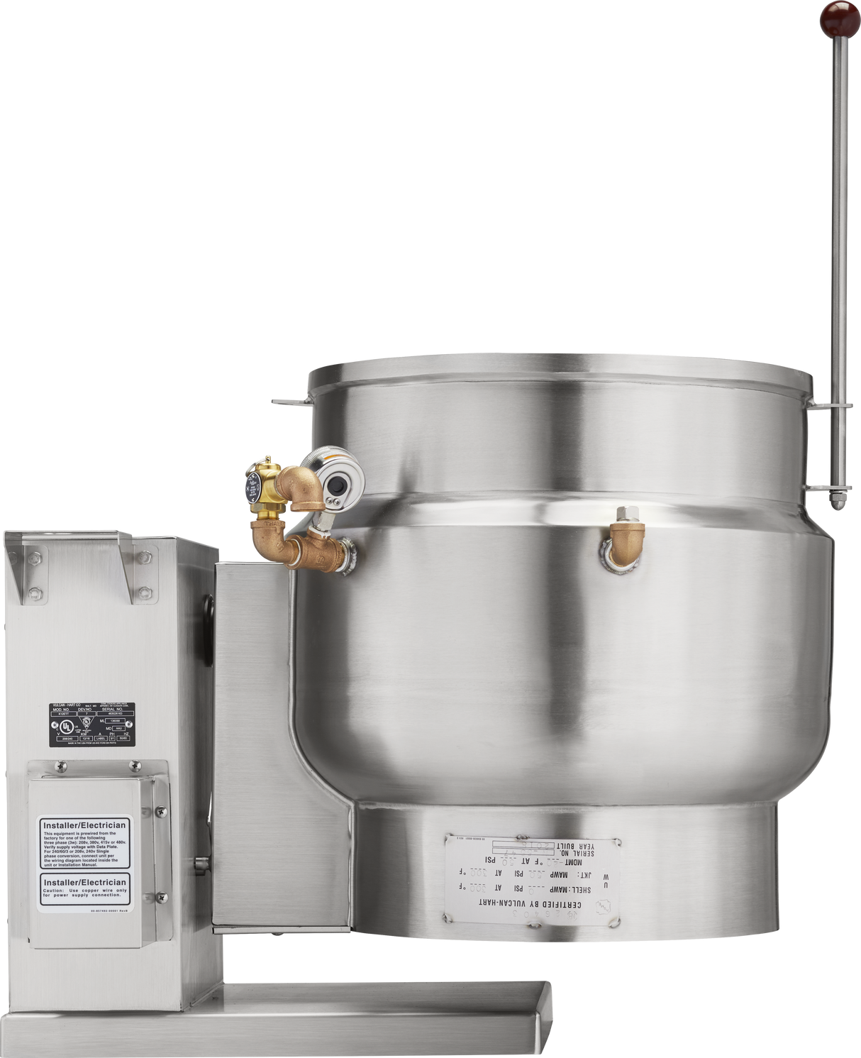 A large industrial stainless steel tilting kettle with a 12-gallon capacity features a round body, pressure gauge, brass valves, and an attached control box on the left. A long metal handle extends upward on the right, ideal for commercial food preparation.