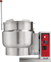 A large, industrial 12-gallon tilting kettle with a red and black control panel on the right, branded Vulcan. This stainless steel electric countertop kettle features a lid with handle and a tall metal lever with a red knob for easy operation.
